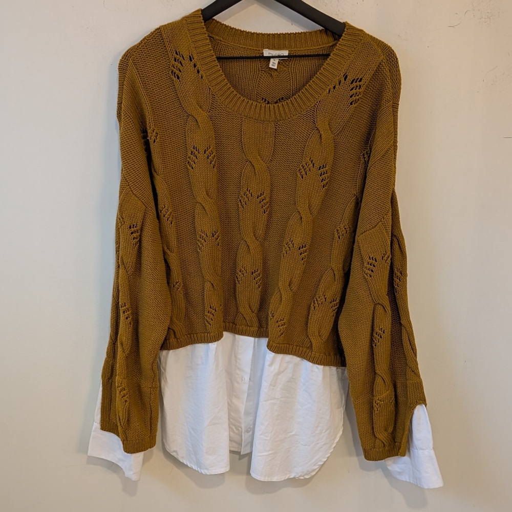 Anthropologie Pilcro Women's Cable Knit Twofer Layer Sweater XL Mustard Yellow